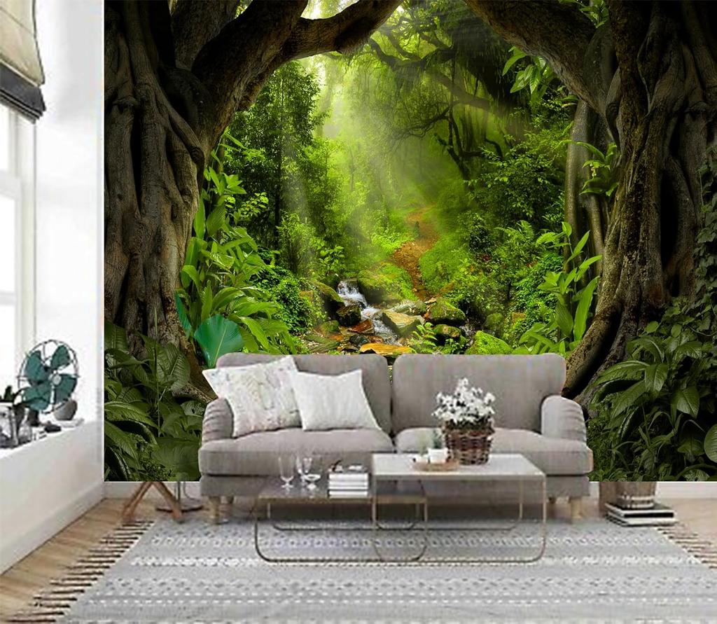 Misty Forest Tree Cave Tapestry Nature Green Tapestry Enchanted Rainforest Tropical Jungle Sunshine Flowing Stream Landscape