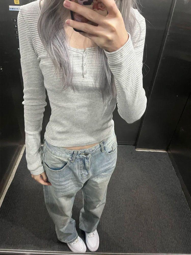 

Женский ретро серый полосатый топ с пуговицами, U-образным вырезом и длинным рукавом, приталенный, для ранней весны Small