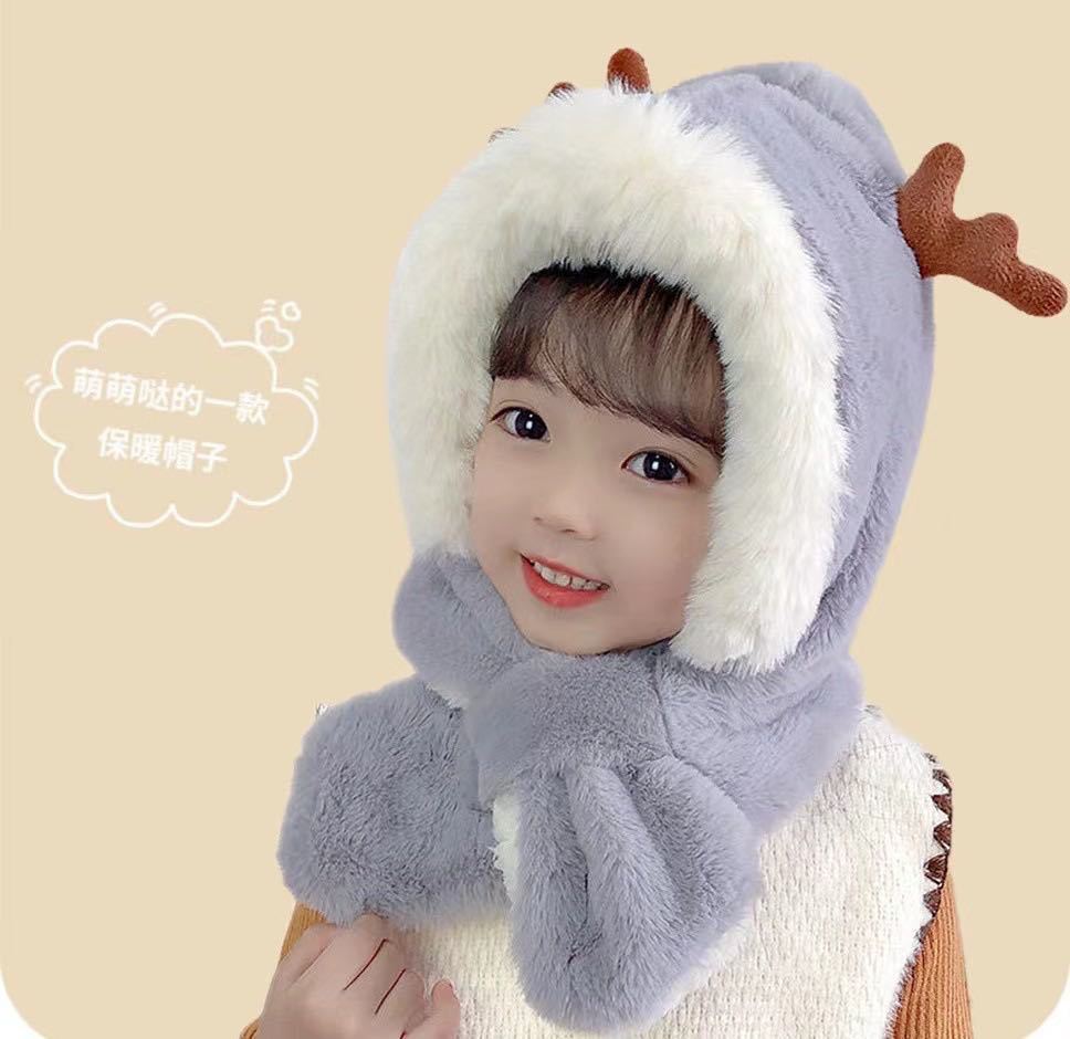 Children's Hats and Scarves Integrated Autumn and Winter Men's and Women's Fashion Hats Fleece Thickened Cute Warm Windproof Hats