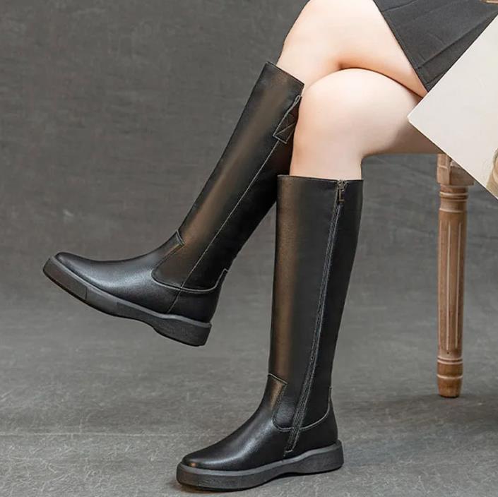 Fashion 4cm Cow Genuine Leather Microfiber High Top Rubber Knee High Booties Women Chimney Autumn Boots Spring Fashion Shoes