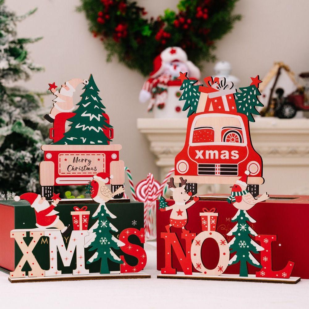 Wooden Wooden Xmas Tree Ornaments Handcrafted Wooden Material Snowman Sign Natural Wood Santa Claus Design Santa Claus Decor