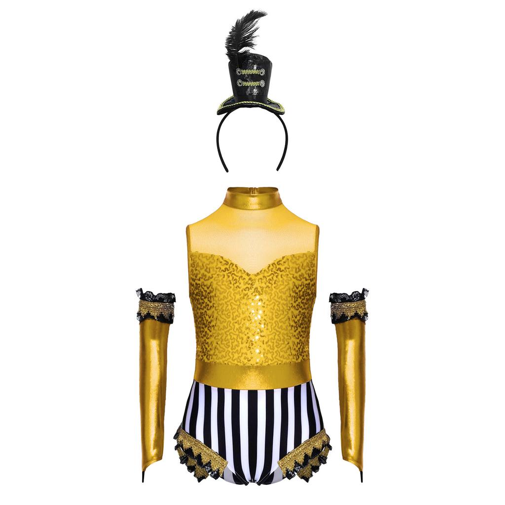 Girls Circus Costume Set Sequins Mock Neck Sleeveless Jumpsuit Press Buttons Metallic Oversleeve Top Hat