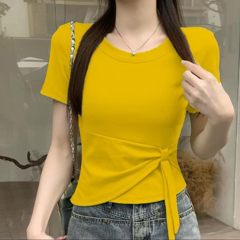 Women's Solid Color Slim Fit T-shirt Casual Short Sleeve Crew Neck Tie Waist Crop Top Summer Basic Tee