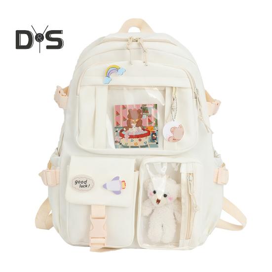 Student Backpack Ergonomic Large Capacity Rucksack with Plush Bear Doll for Book Laptop Retro Casual Schoolbag for Teen School Travel