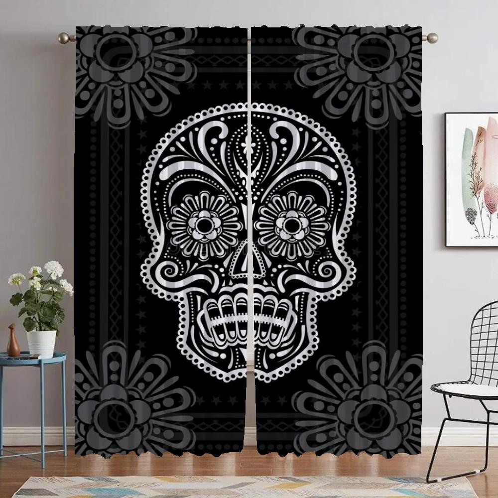 Mexico Flower Skull Blackout Curtains for Living Room Window Curtain for Room 2 Panel Partition Home Interior Curtains Shades