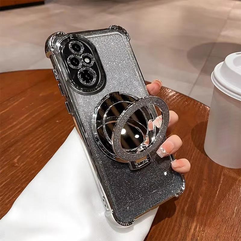 Luxury Mirror Holder Bling Glitter Silicone Phone Case for iPhone 16e 16 15 14 Pro Max Redmi Note 13 12 Pro Samsung S25 S24 Plus A05 A06 A14 A15 A16