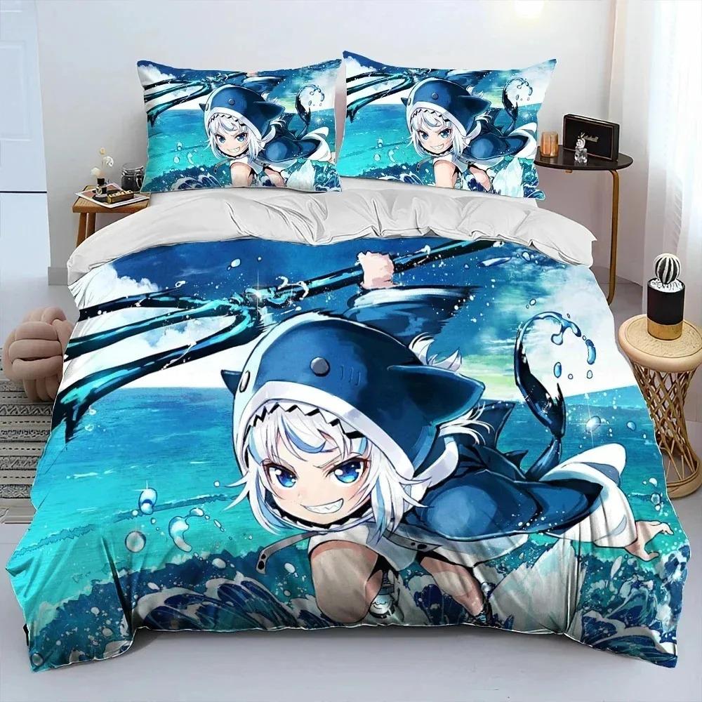 Cute Gawr Gura Hololive Anime Shark Bedding Set Duvet Cover Bed Set Quilt Cover Pillowcase Comforter King Queen Size Boys Adult