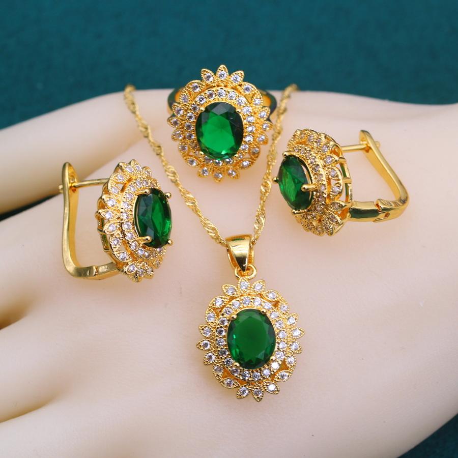 New Green Zirconia  Gold Plated  Jewelry Sets For Women Crystal Earrings Necklace Adjustable Ring Bracelet Wedding Gift