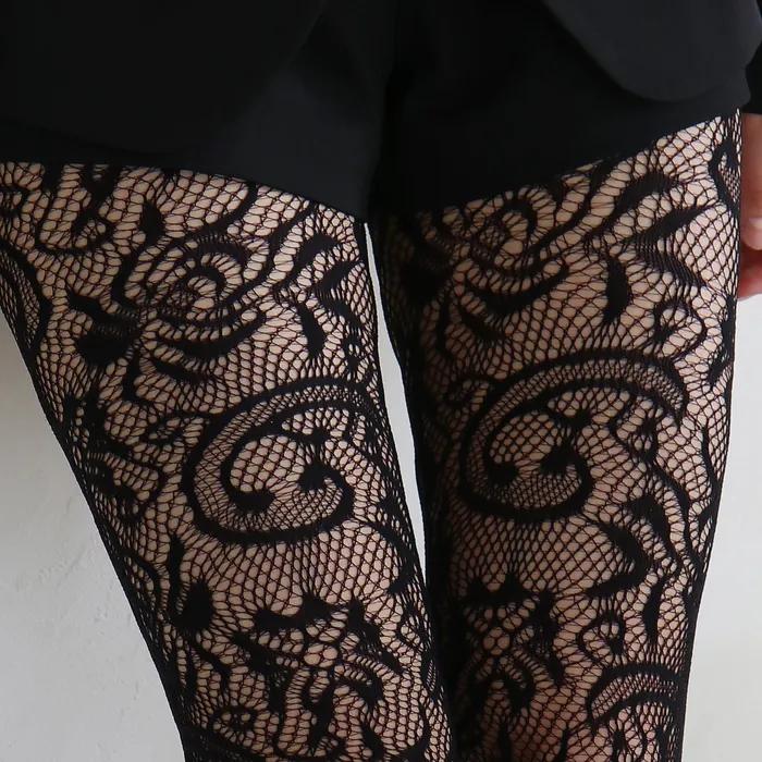 Flower Lace Mesh Stockings (Black)