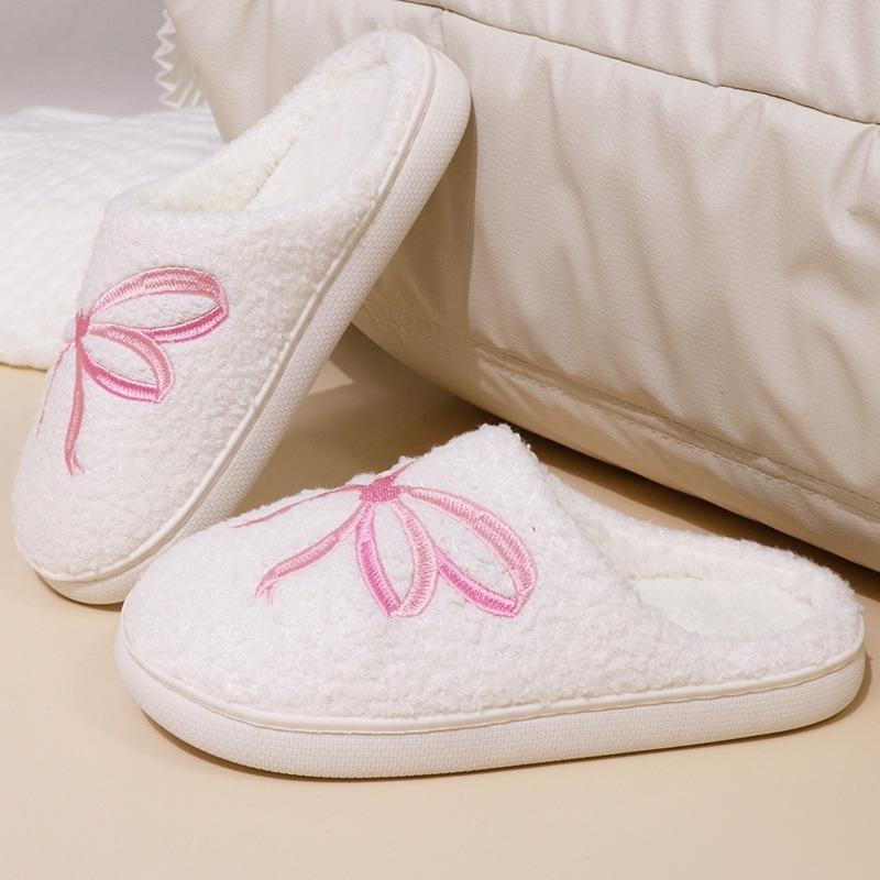 Plot Gift Barbie Fan with Knot Cotton Slippers Women's Indoor Autumn and Winter Comfortable Towel Embroidered Fluffy Slippers