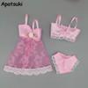 Pink Sexy Fashion Dress For Barbie Dolls Pajamas Lingerie Nightwear Lace Night Dress + Bra + Underwear Doll Clothes 1/6 BJD Doll