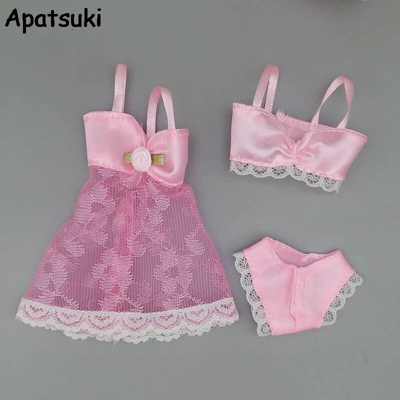 Pink Sexy Fashion Dress For Barbie Dolls Pajamas Lingerie Nightwear Lace Night Dress + Bra + Underwear Doll Clothes 1/6 BJD Doll