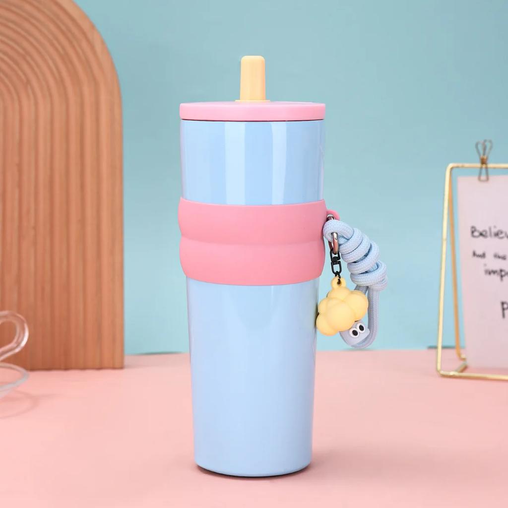 711ml Stainless Steel Tumbler with Straw & Handle, Insulated Thermal Mug for Car Office Travel hot water bottles thermos coffee