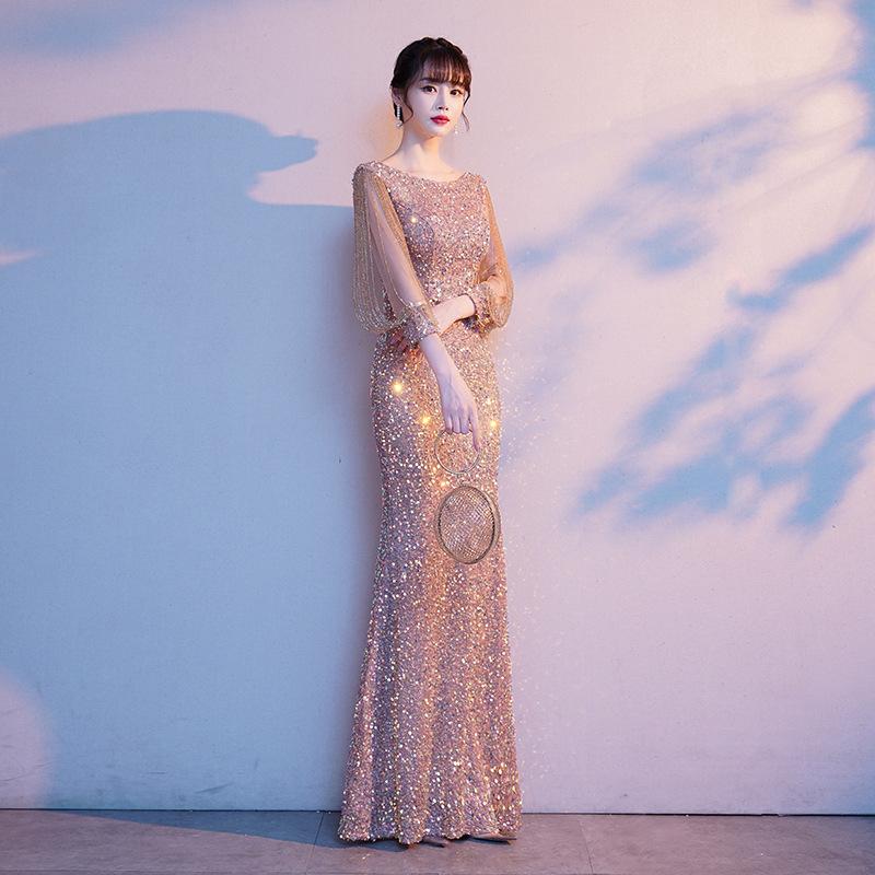 Fishtail Evening Dress Women's 1011 Summer Banquet Elegant Temperament Sequins Host Performance Celebrity Slim Dress