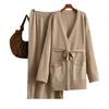 A Two-piece Fashion Suit for Women's Autumn and Winter, Featuring A V-neck Loose Knitted Lace-up Cardigan, Jacket and Skirt