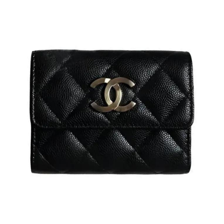Chanel Women's Card Holder and Wallet Black with Gold Buckle Classic Diamond Pattern Short Double-Layer Flap Grainy Calfskin