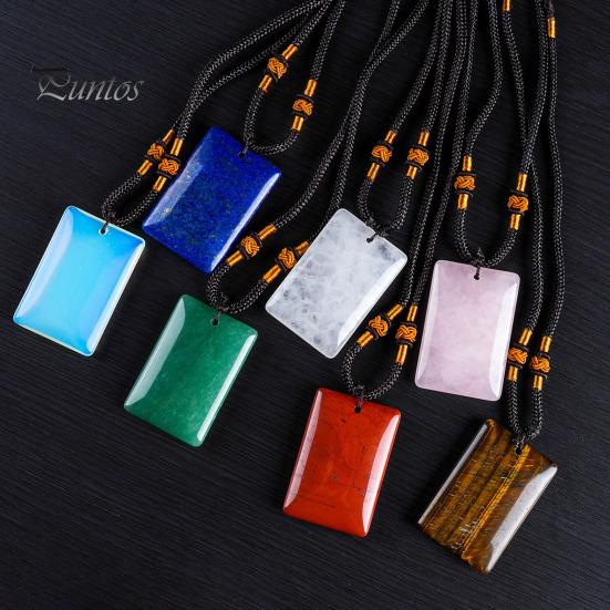 Hand Polished Stone Pendant Natural Crystal Necklace, Healing Energy Necklace with Adjustable Women Fake Jewelry Braided Rope, Gemstone for Men