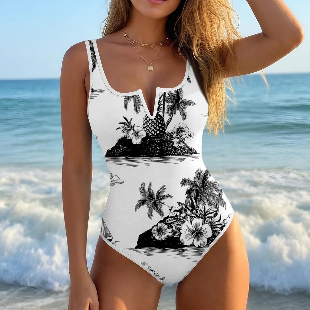 Maillot de bain pour femme Col en V Imprimé floral Maillot de bain Motif feuilles Maillot de bain Tissu doux et extensible Vêtements de plage