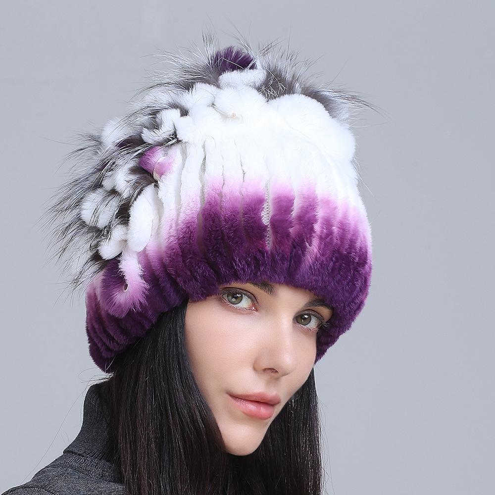 Winter Women's Warm Fashion Thick Wool Hat Rex Rabbit Fur Hat Knitted with Side Flower Hat
