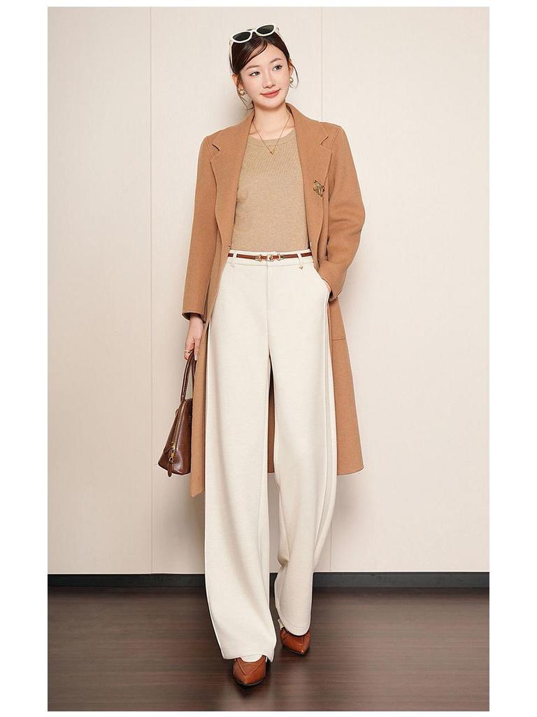 Women's Soft White Wool Acetate Wide-Leg Pants for Autumn/Winter 2025