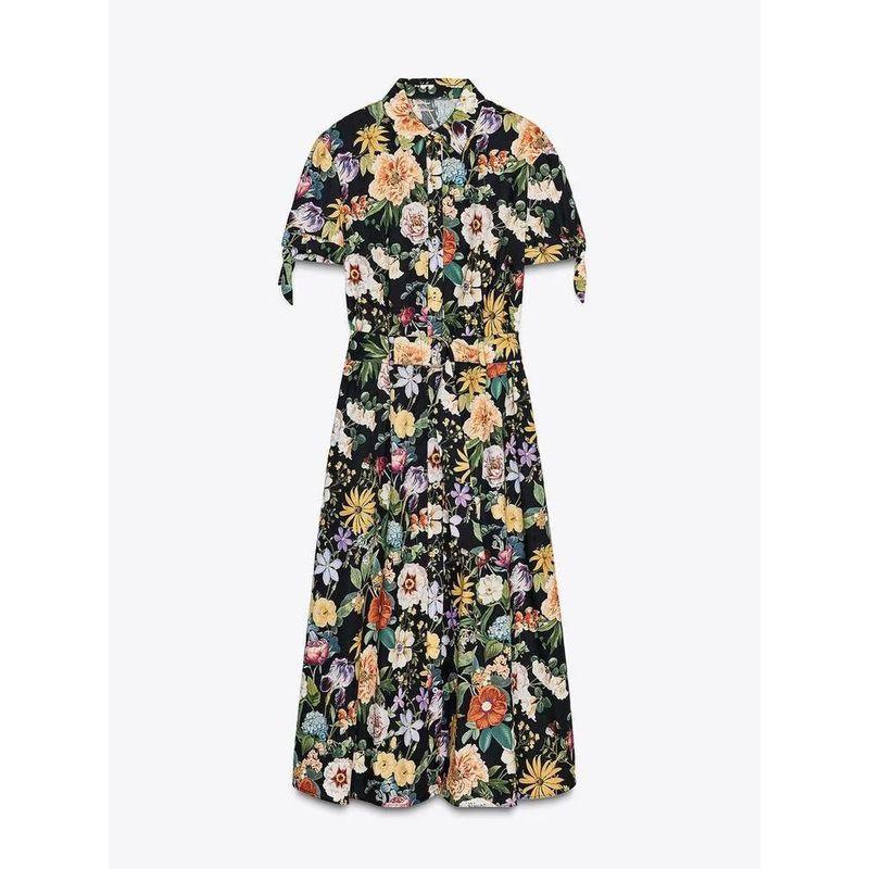 

Za2025 Spring New Women s Clothing Temperament Waist-Controlled Flowers Print Poplin Midi Skirt Dress 2944 216 Image color L