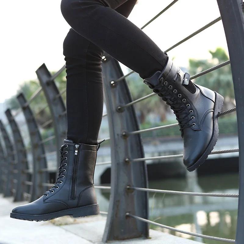 Men's Mid-calf Boots Fashion Outdoor Casual Boots Waterproof Leather Boot Plush Warm Winter Boots for Men Motorcycle Boot Botas