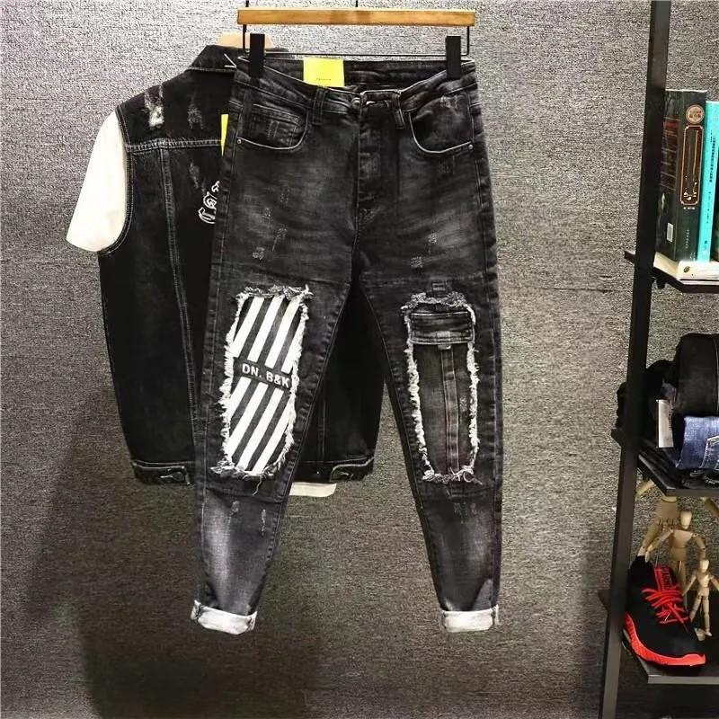 Pánské podzimní personalizované patchworkové retro džínové kalhoty strečové slim fit skinny kalhoty