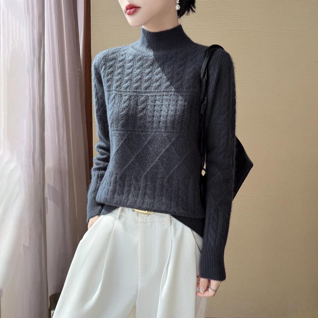 Autumn/Winter Women's Pure Wool Half High Neck Cable Knit Loose Sweater