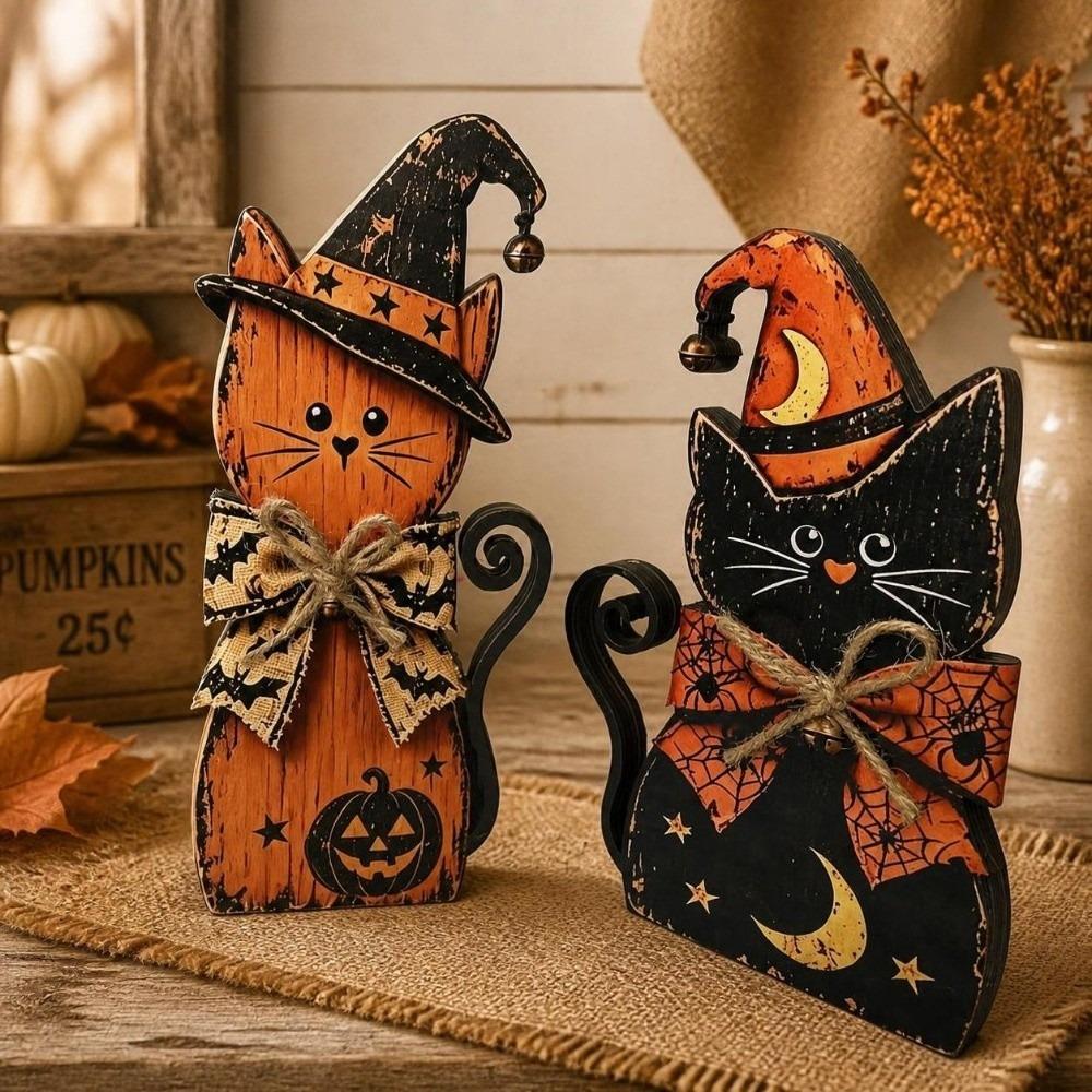 Rustic Witch Cat Decor Double Side Desktop Decoration Wooden Halloween Figurine Indoor Decor