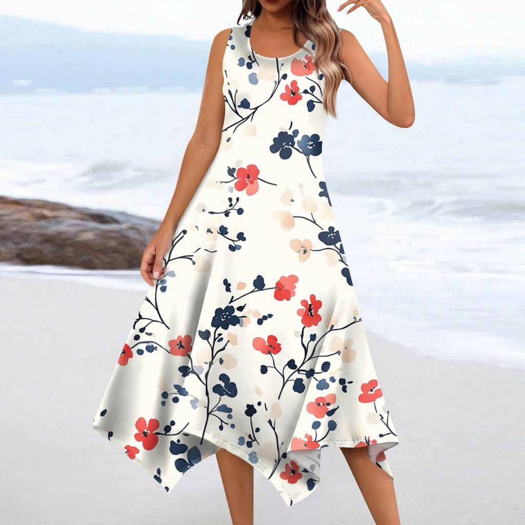 Dámská móda pro volný čas, kulatý výstřih, květinový potisk s nepravidelným lemem Midi šaty