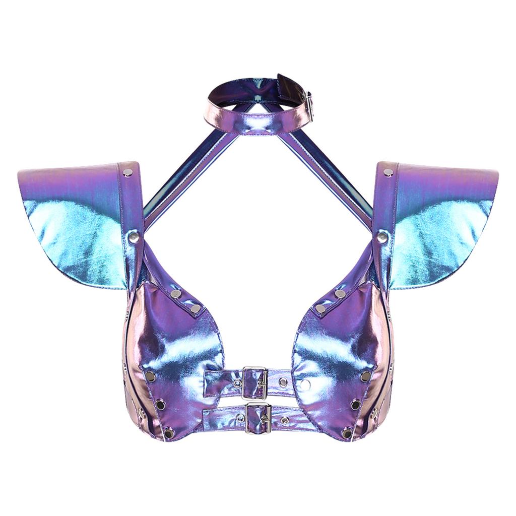 S-XXL Damen Glitzer Gothic Crop Top Neckholder Fledermausärmel Nietenbesatz Verstellbare Schnalle Korsett Bustier Schulterpanzer für Rave Club Party