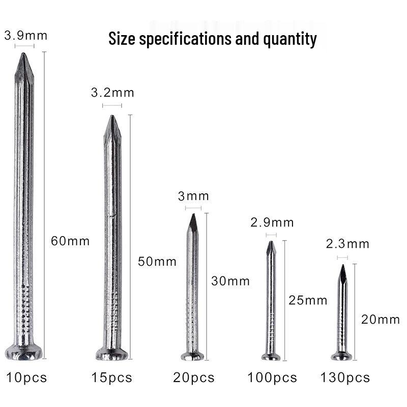 275-Piece Set of Pointed Steel Wall and Picture Hanging Nails In Five Sizes