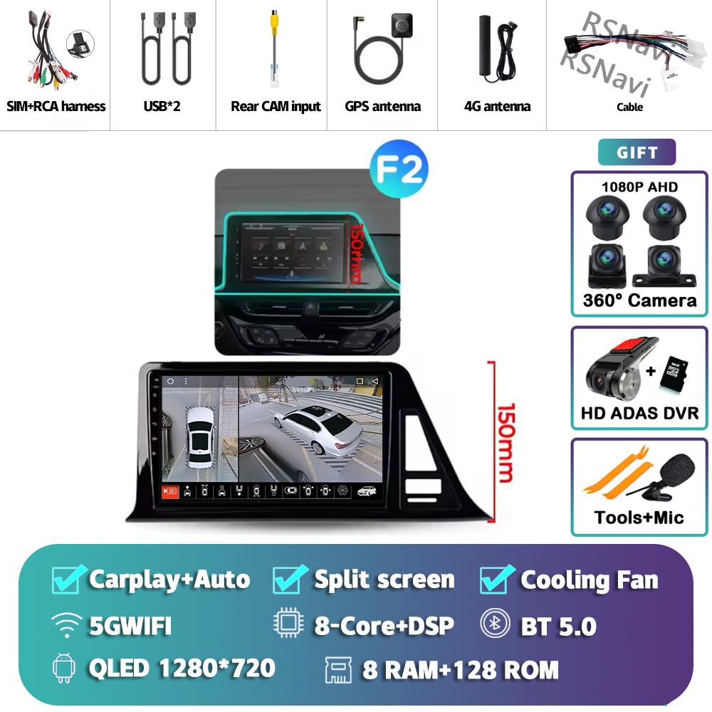 Android 14 Carplay Auto For Toyota C-HR 2016 - 2020 Car Radio Player Multimedia DVD stereo 360 Camera Navigation Video AI Voice