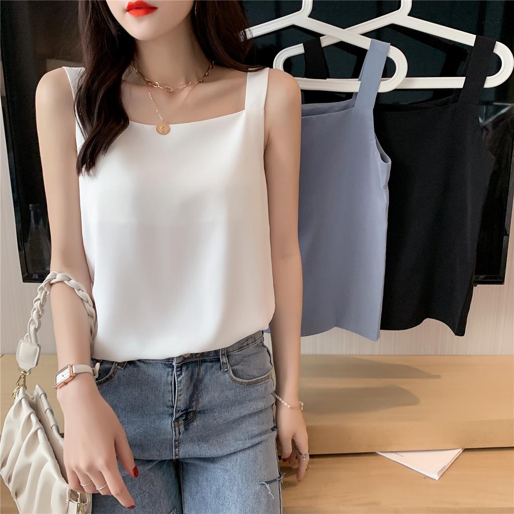 Square Collar Halter Vest Women's Summer Chiffon Loose Black and White Inside Wear Sleeveless Bottom Shirt Top