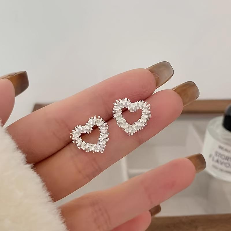 Silver Plated Hollow Heart Cubic Zirconia Stud Earrings