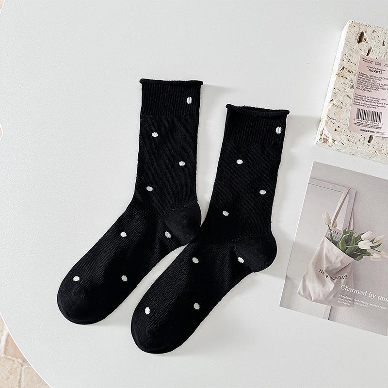Women's Polka Dot Mid-Calf Cotton Socks with Rolled Cuffs - Retro Mesh, Breathable, Slouchy, Versatile, Casual Style