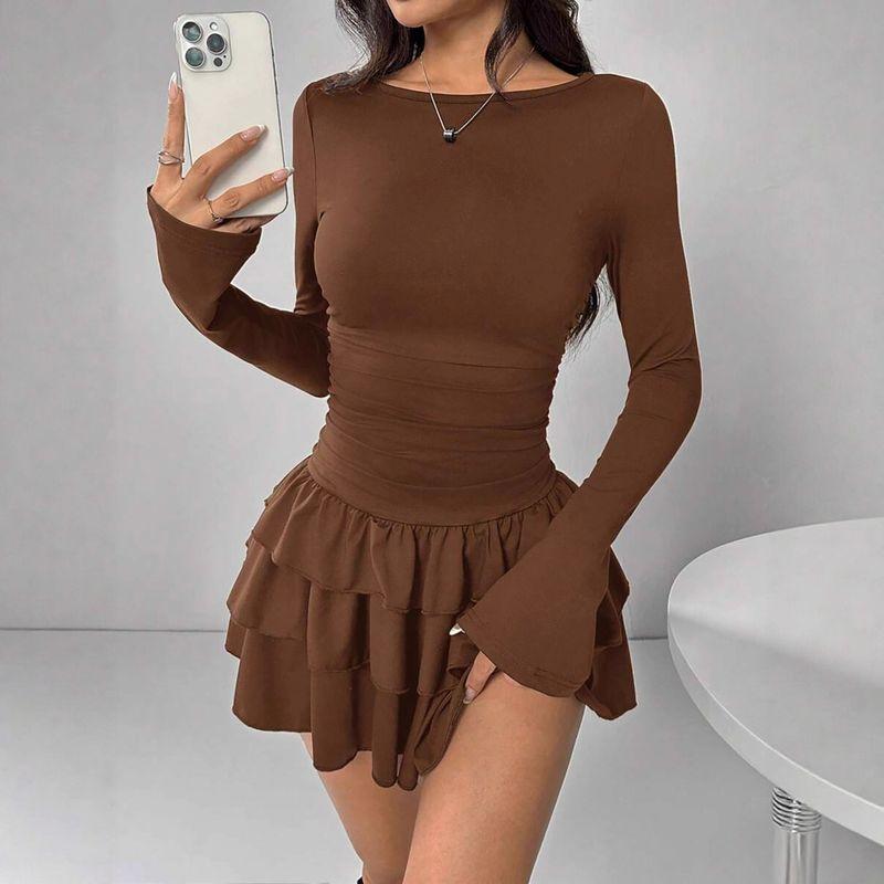 European and American New Women's Clothing Autumn and Winter Solid Color Slim-Fitting Elegant Long-Sleeved Dress for Women with a High-End Feel
