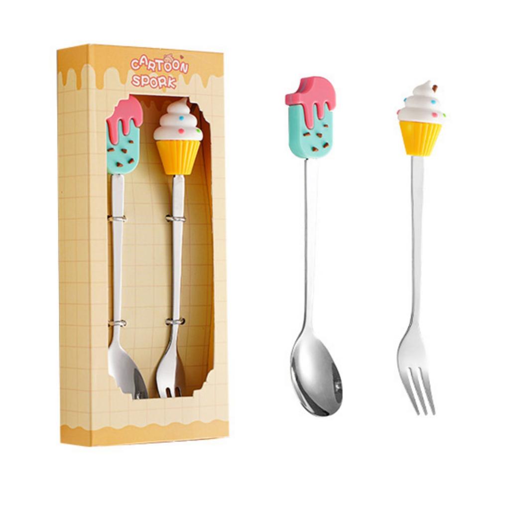 Edelstahl Löffel Gabel Besteck Set Kreativ Cartoon Kuchenlöffel Kaffeelöffel Dessert Obstgabel Geschenkbox Set