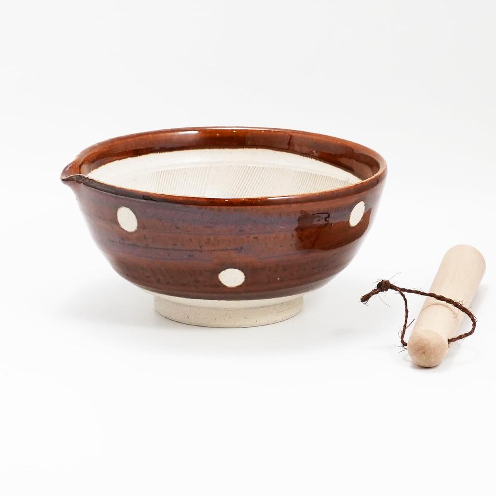 Fukubeya Retro and Cute Polka Dot Sesame 18cm with Pestle Rustic Ceramic Design That Blends In with Your Kitchen Polka Mortar, Diameter, - (Ame-Tea