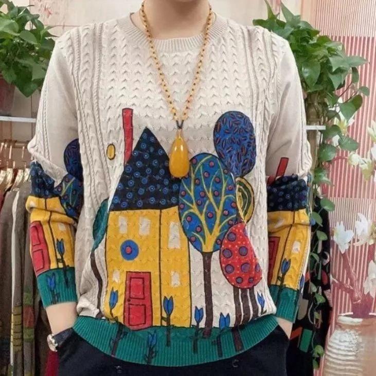Autumn Women's Loose Knitted T-Shirt - Vintage Print, Round Neck, Long Sleeve, Stylish Design