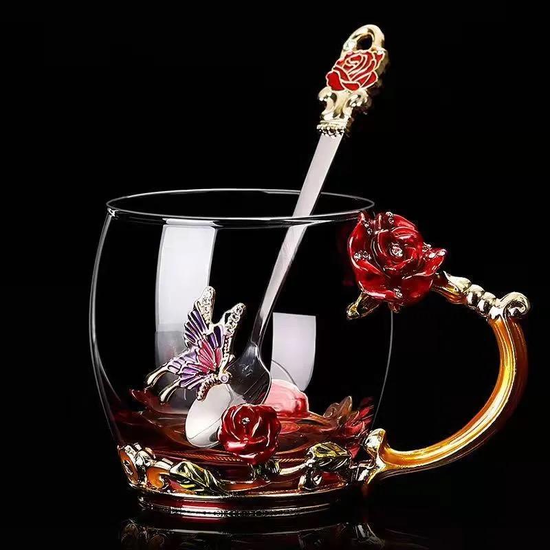 Uropean Enamel Rose Glass Cup Set with Hand-Carved Floral Design – Vintage Luxury Coffee & Tea Cups