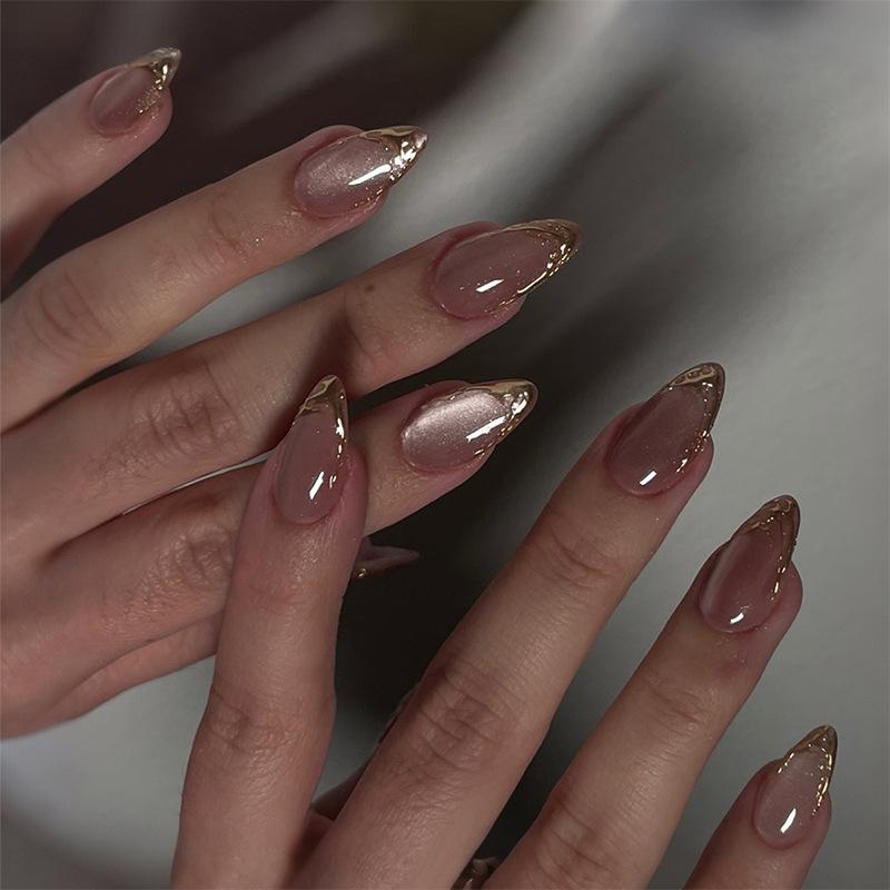 Cat's Eye Cross-border Special for Wearing Nail Almond Nail Patch Shining Fashion Wind Gilt Line Nail Patch 24 pieces