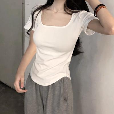 White U-neck T-shirt Women's Short-sleeved Spring and Summer New Irregular Tight Low-neck Front Shoulder Inner Bottom Top