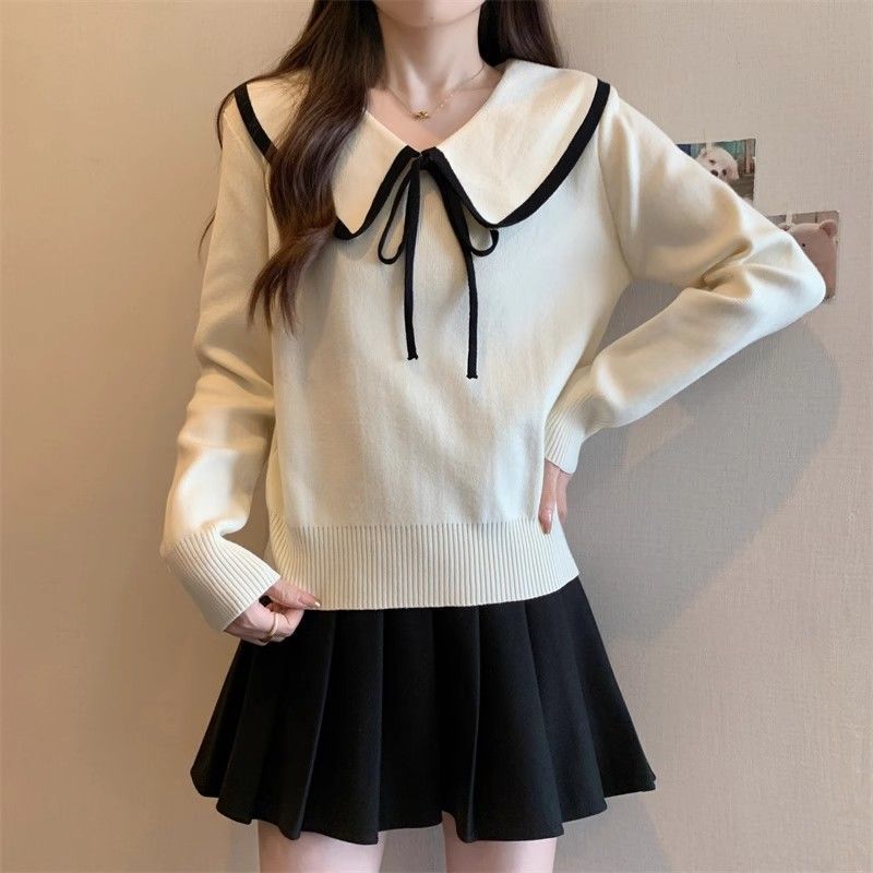 Loose top women's large size new foreign style college style age-reducing sweater doll collar versatile