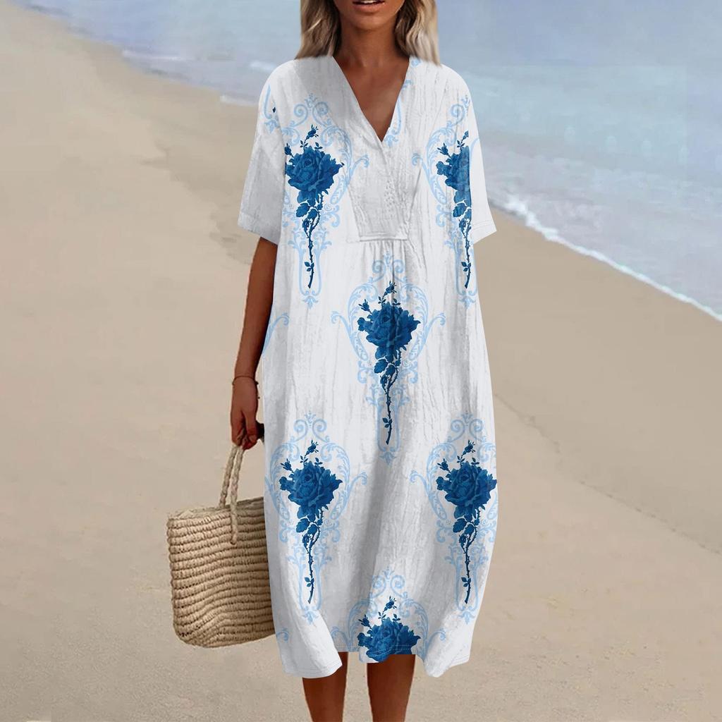 Damen Locker Lässig Mode V-Ausschnitt Bedrucktes Kleid Strandrock