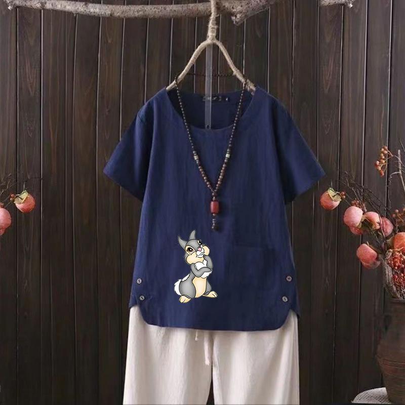 

Футболка женская из хлопка и конопли с принтом «Кролик» 2025 года — повседневная и шикарная 4XL темно-синий