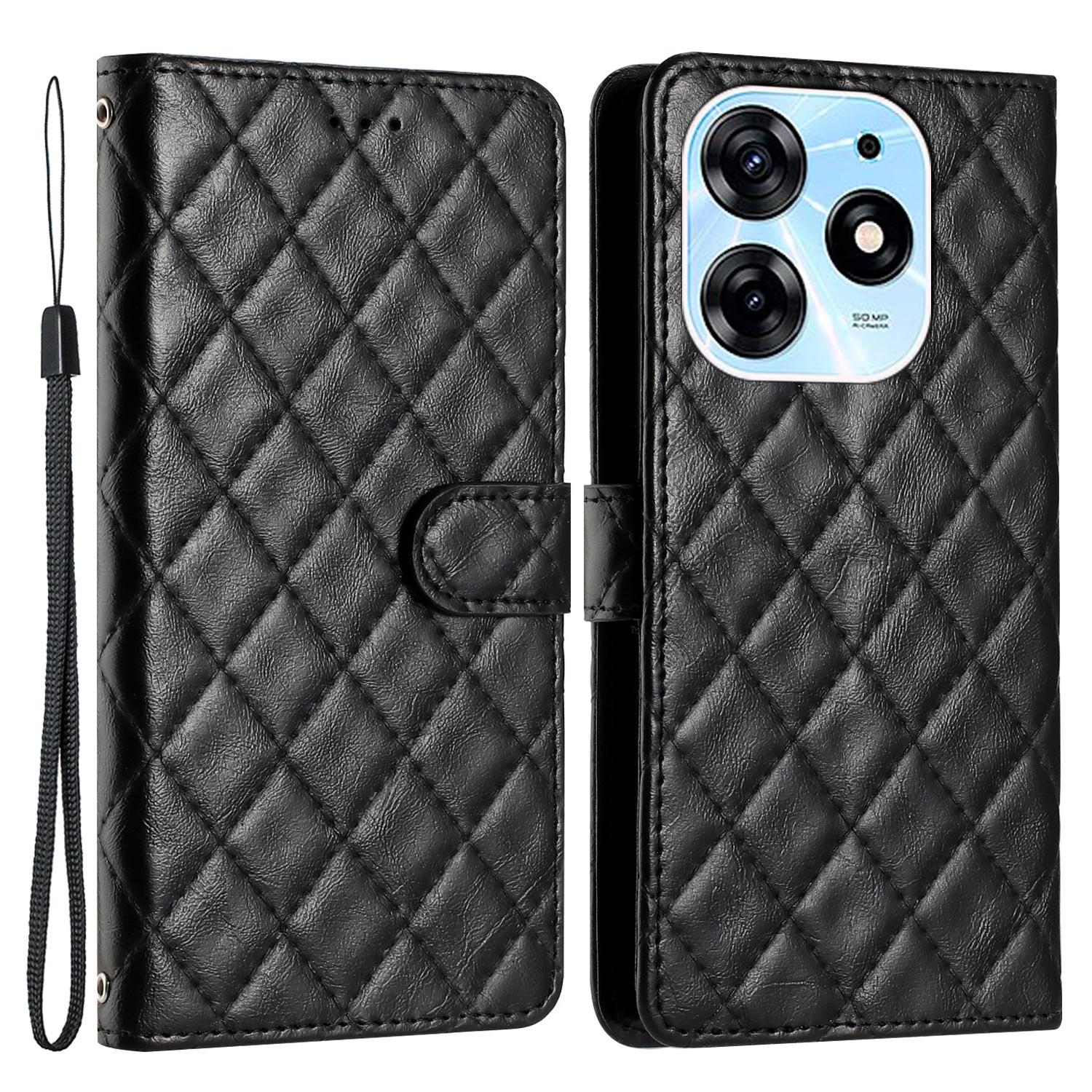 

For TECNO Spark 10 Pro Leather Protective Case Stitching Line Rhombus Wallet Stand Phone Cover Black