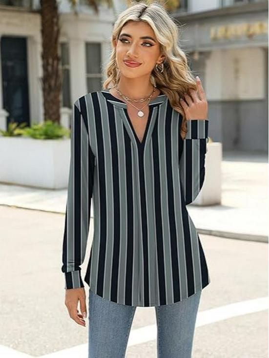 2026 Fall/Winter Women's V-neck Striped Plus Size Loose Long Sleeve Slimming Top