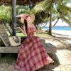 Seaside Vacation Pink Plaid Suspender Dress Is Beautiful, Beautiful and Unique Waist Temperament Long Dress In Summer