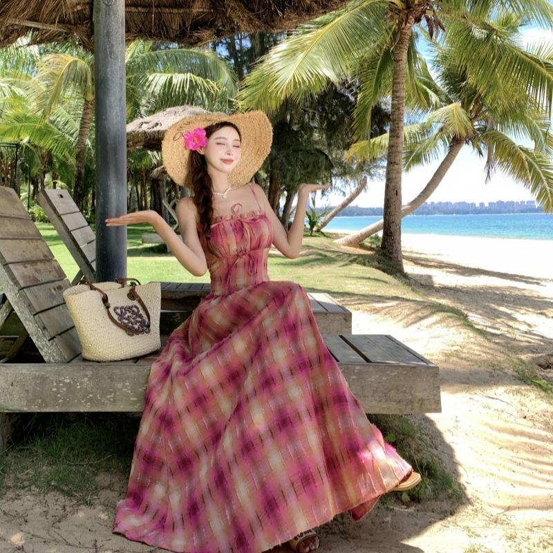 Seaside Vacation Pink Plaid Suspender Dress Is Beautiful, Beautiful and Unique Waist Temperament Long Dress In Summer